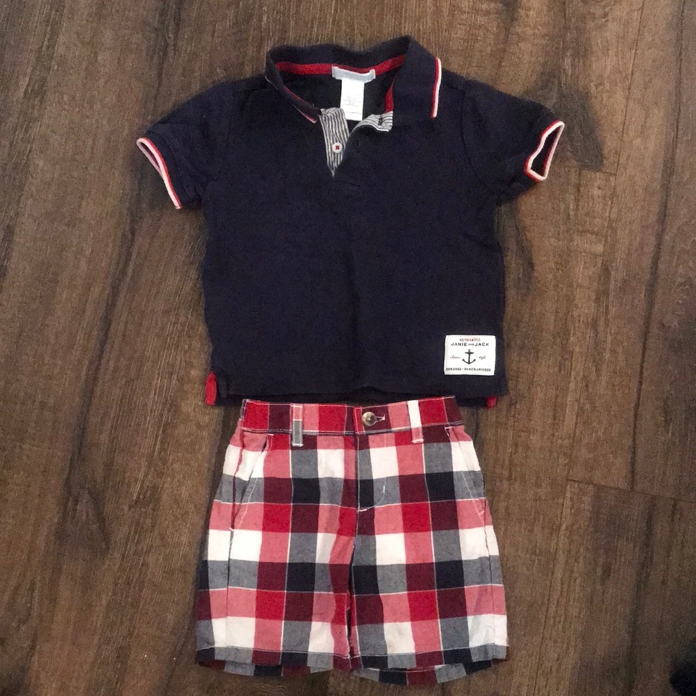Janie and jack set 12-18 plaid shorts navy polo